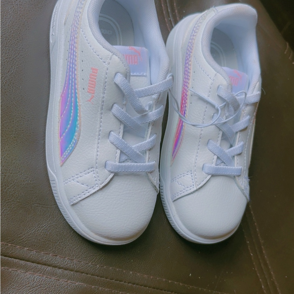 Puma Kids White Sneakers with Pink and Blue Accents